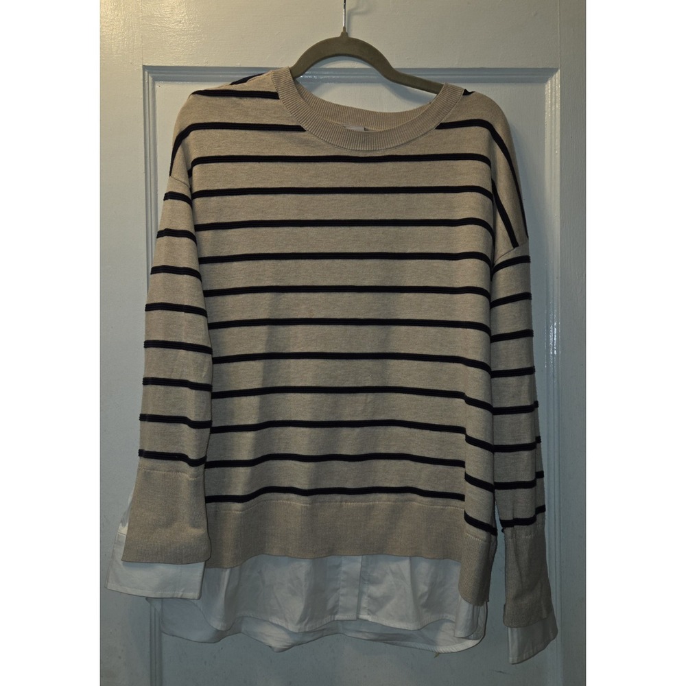 Chico's Tan Black Stripe Sweater. Attached Blouse. 2 (12/14)